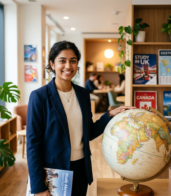 Excited student with globe and bags ready to depart for studies abroad